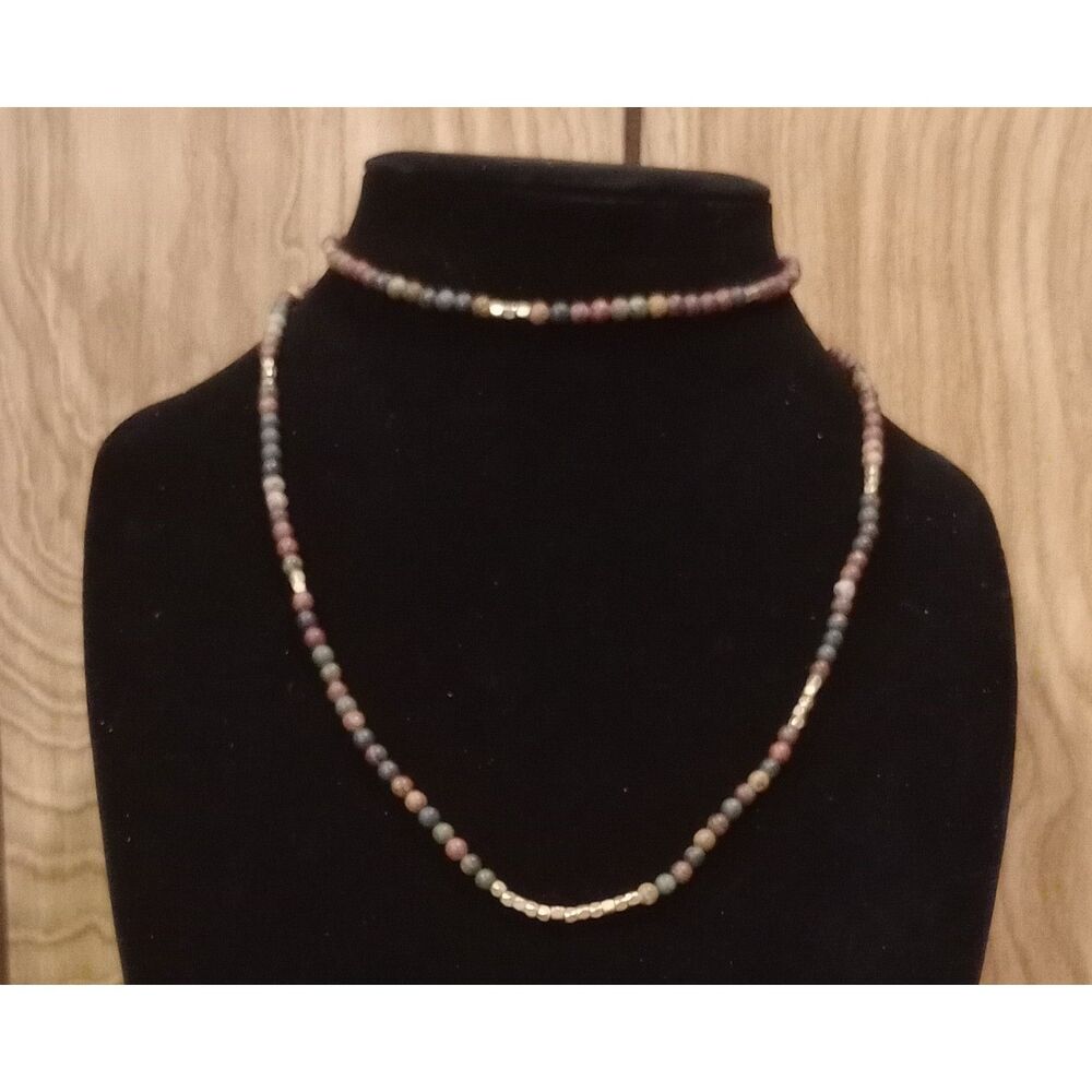 Natural Stone Agate Metal Beaded 34" Elastic Stretch Necklace